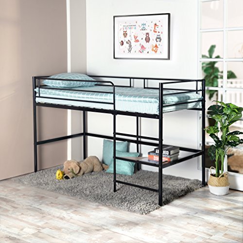 Book Cover GreenForest Metal Loft Bed for Kids Twin Size Low Junior Bunk Bed Frame with Ladder and Shelf, Black