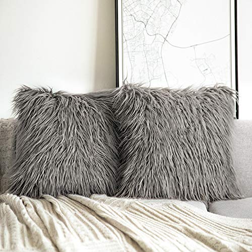 Book Cover Phantoscope Pack of 2 Faux Fur Throw Pillow Covers Cushion Covers Luxury Soft Decorative Pillowcase Fuzzy Pillow Covers for Bed/Couch,Grey 18 x 18 Inches
