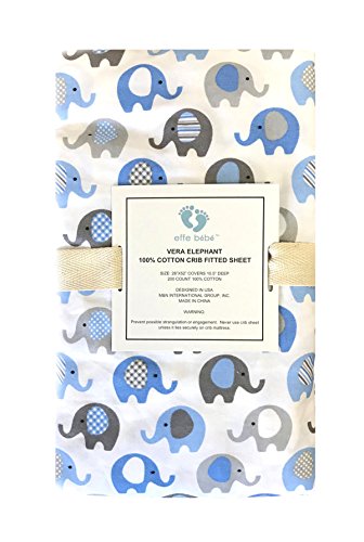 effe bebe Vera Elephant 100% Cotton Crib Fitted Sheet (Blue Grey)