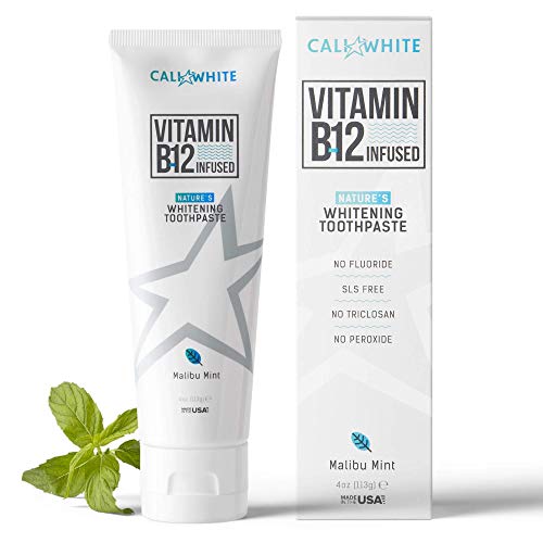 Book Cover Cali White Vegan Whitening Toothpaste with Vitamin B12, Organic Mint, Fluoride-Free Toothpaste, SLS Free, Gluten-Free, Xylitol, Natural Toothpaste