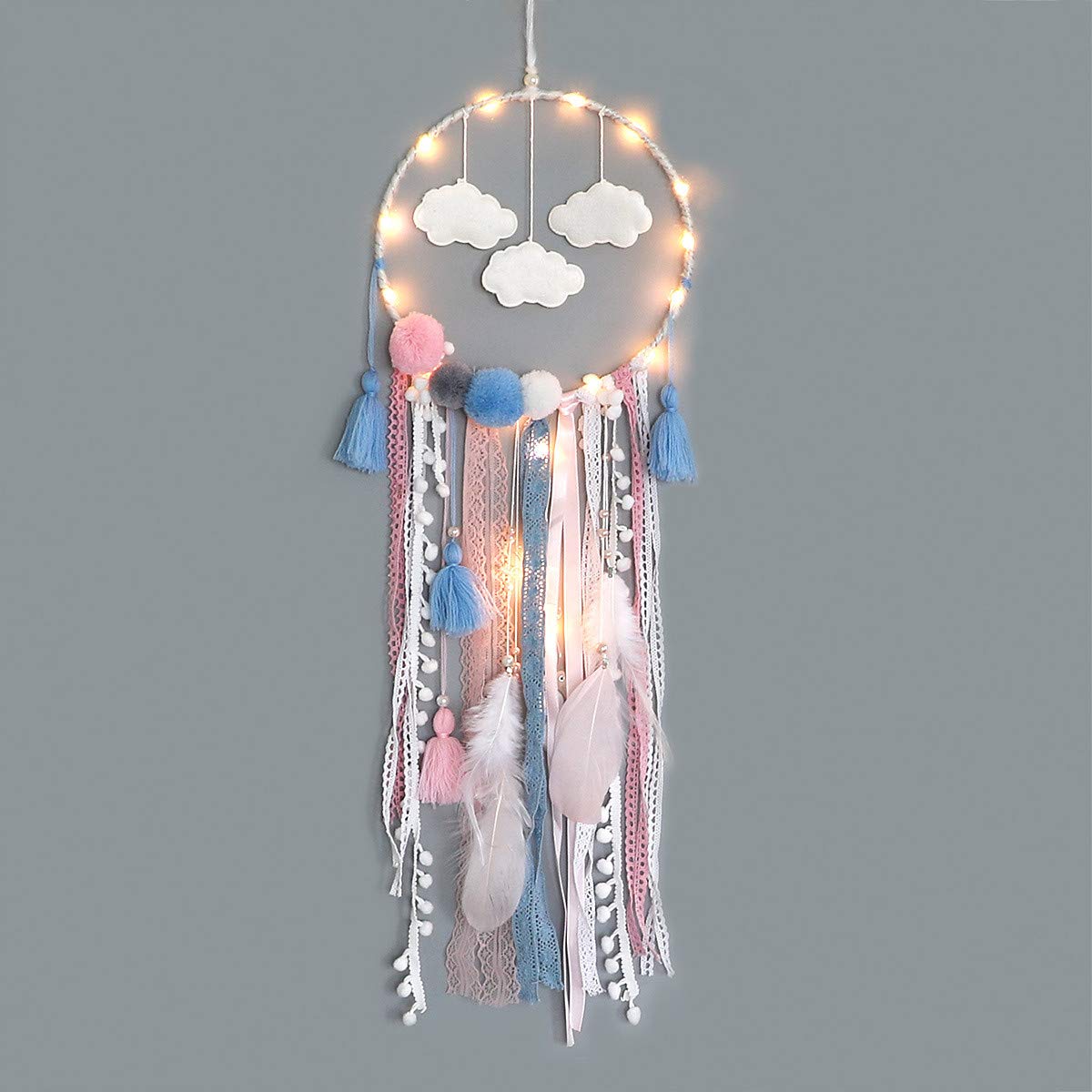 Book Cover Dremisland Dream Catcher Handmade Traditional White Cloud Dream Catcher with Led String Lights Wall Hanging Kids Room Decor Nursery Wall Art Ornament Decor Craft Gift (Cloud)