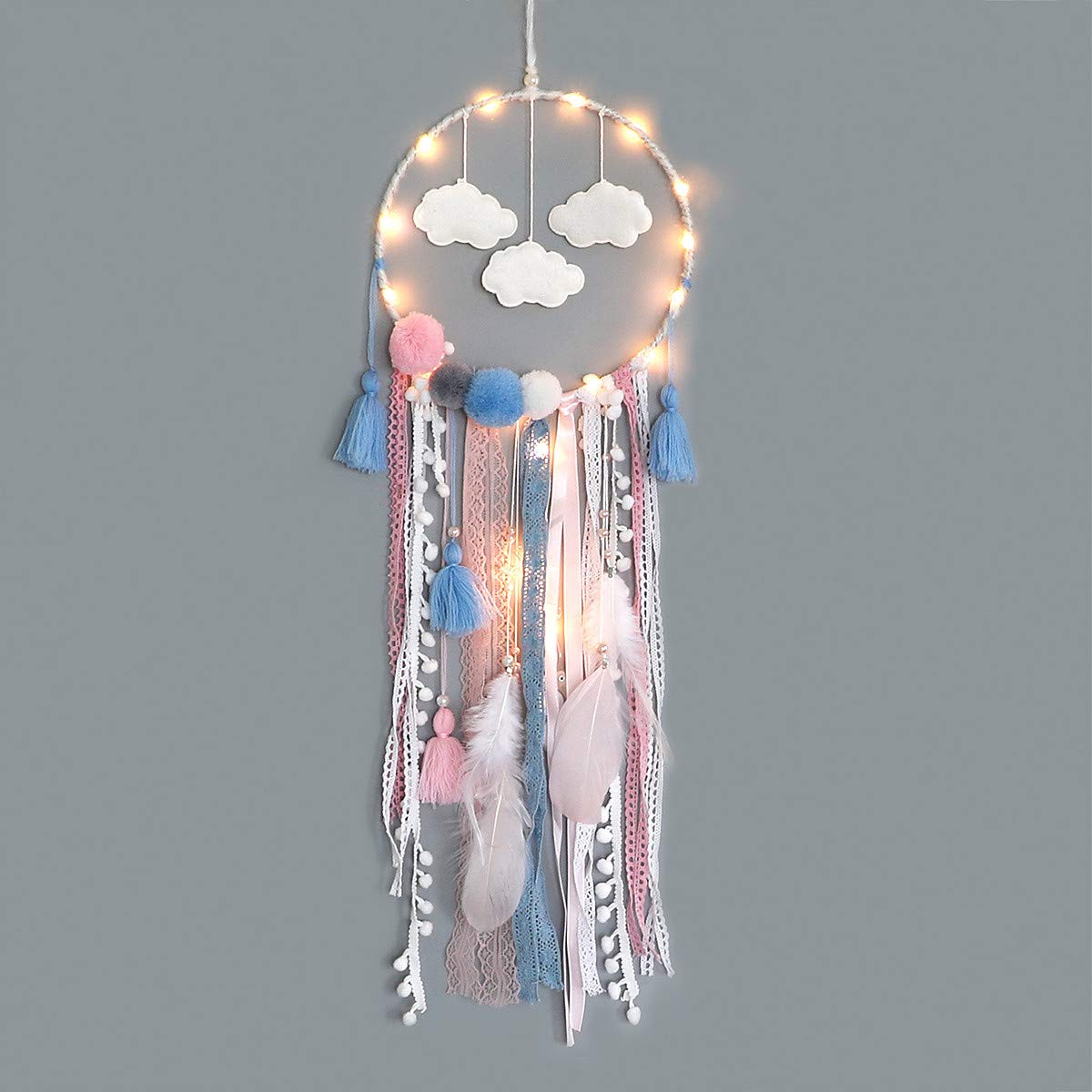 Dremisland Dream Catcher Handmade Traditional White Cloud Dream Catcher with Led String Lights Wall Hanging Kids Room Decor Nursery Wall Art Ornament Decor Craft Gift (Cloud)