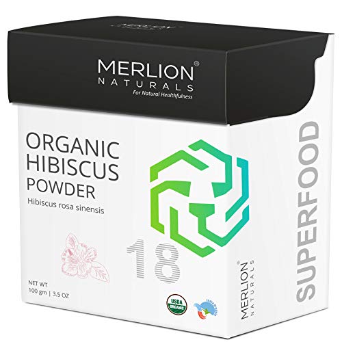 Book Cover Organic Hibiscus Petals Powder by Merlion Naturals | Hibiscus rosa sinensis | 100gm/ 3.5OZ | USDA NOP Certified 100% Organic
