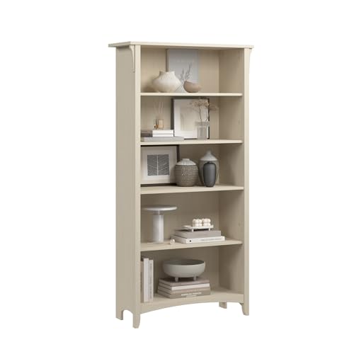 Bush Home Salinas 5 Shelf Bookcase in Antique White, Tall Bookshelf, Large Book Shelf for Living Room, Home Office, or Entryway