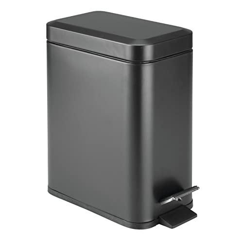 mDesign Metal 1.3 Gallon Rectangular Slim Profile Step Trash Can Wastebasket, Garbage Container Bin, Bathroom, Powder Room, Bedroom, Kitchen, Craft Room, Office - Removable Liner Bucket - Black