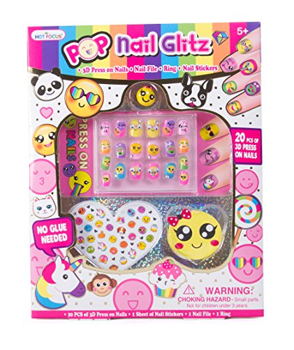 Book Cover Hot Focus Pop Nail Glitz - 3D Emoji Nail Art Kit for Girls - 53 Piece Set Includes 3D Press on Nails, Nail Stickers, Nail File and Ring