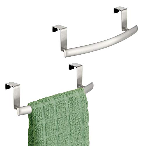 mDesign Modern Metal Kitchen Storage Over Cabinet Curved Towel Bar - Hang on Inside or Outside of Doors, Organize and Hang Hand, Dish, and Tea Towels - 9.7" Wide, 2 Pack - Brushed