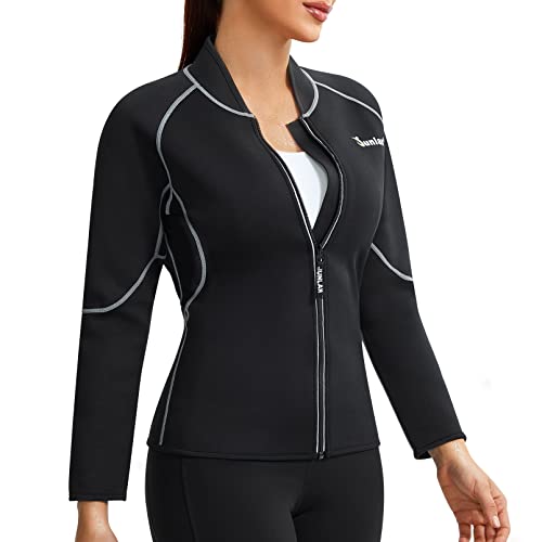 Women Hot Sweat Workout Shirt Neoprene Body Shaper Sauna Jacket Suit Workout Long Training Clothes Fat Burner Top (Black Sauna Suit, L)