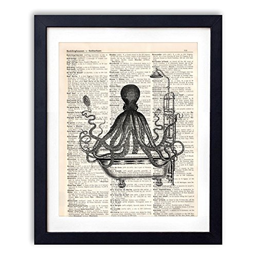 akeke Octopus in The Tub Upcycled Vintage Dictionary Art Print 8x10 inch Unframed