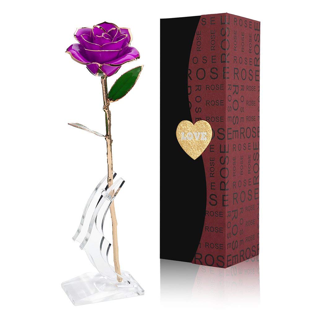 Gold Rose 24K Artificial Flowers, Forever Gold Plated Rose Dipped Rose with Transparent Stand Best Gift for Lover, Mother, Girlfriend, Valentines Day, Mothers Day, Anniversary, Wedding, Birthday Gift Purple