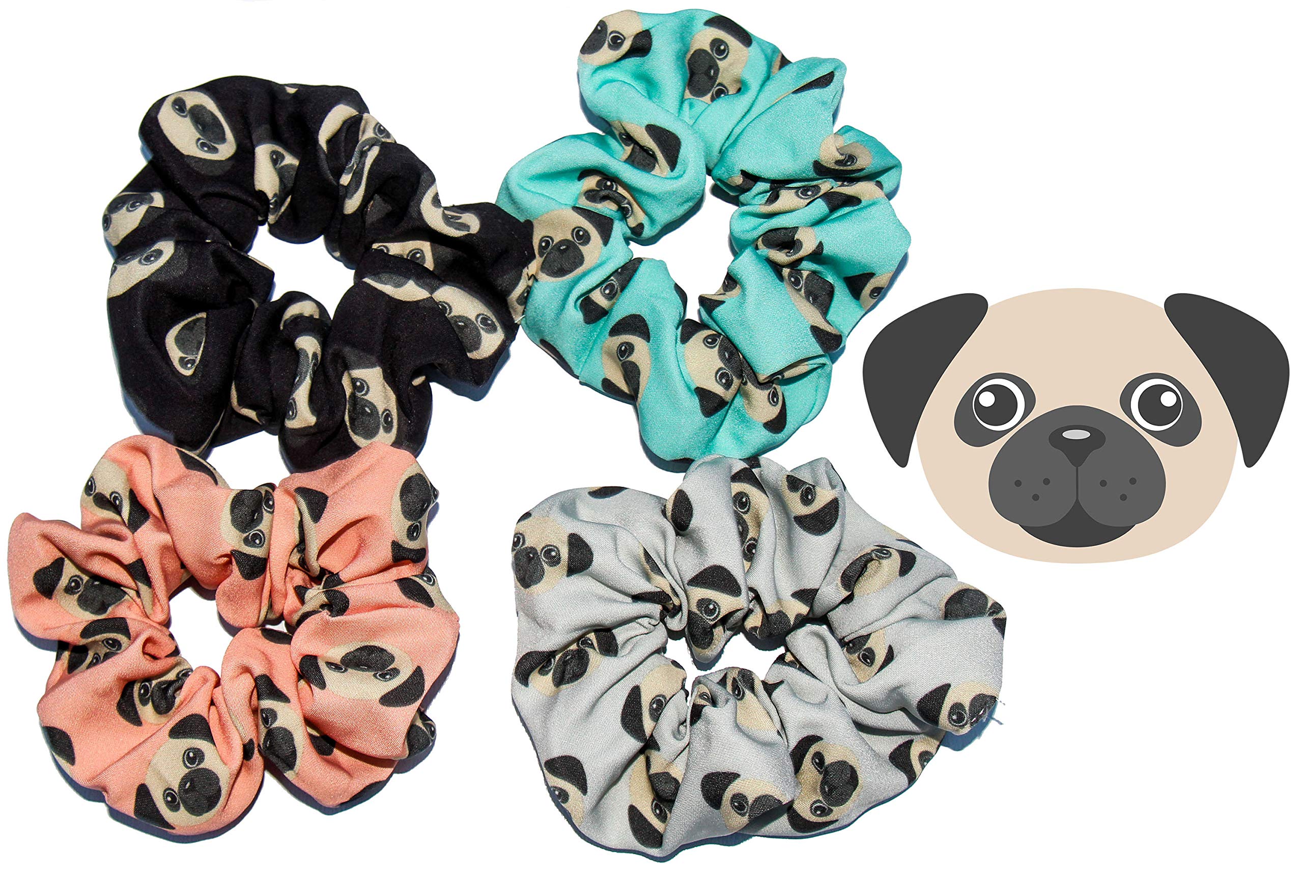 Happie Hare Scrunchies - Cotton Rounds Elastic Hair Bands - Scrunchy Hair Ties - Girls Hair Accessories - Gifts for Women (4 Pack, Pug 2) Pug, 4 Pack, Mix Colors