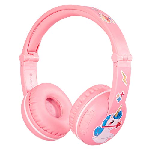 ONANOFF BuddyPhones Play, Wireless Bluetooth Volume-Limiting Kids Headphones, 18-Hour Battery Life, 4 Volume Settings, Anti-Allergic Earpads, BuddyCable for Sharing, Pink