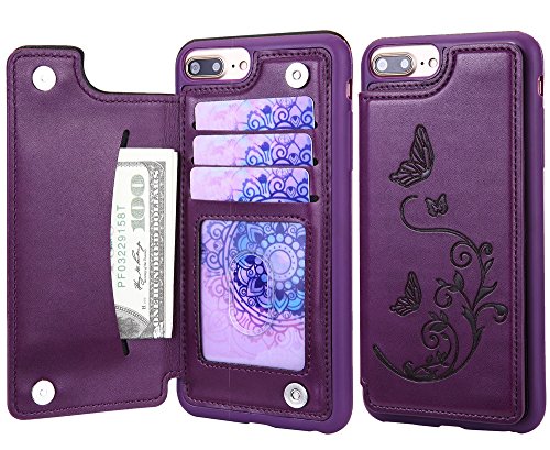 iPhone 8 Plus/iPhone 7 Plus Wallet Leather Case for Women, 3 Card Holder/ID Slots, Butterfly Flower Cover for iPhone 6s Plus - Purple