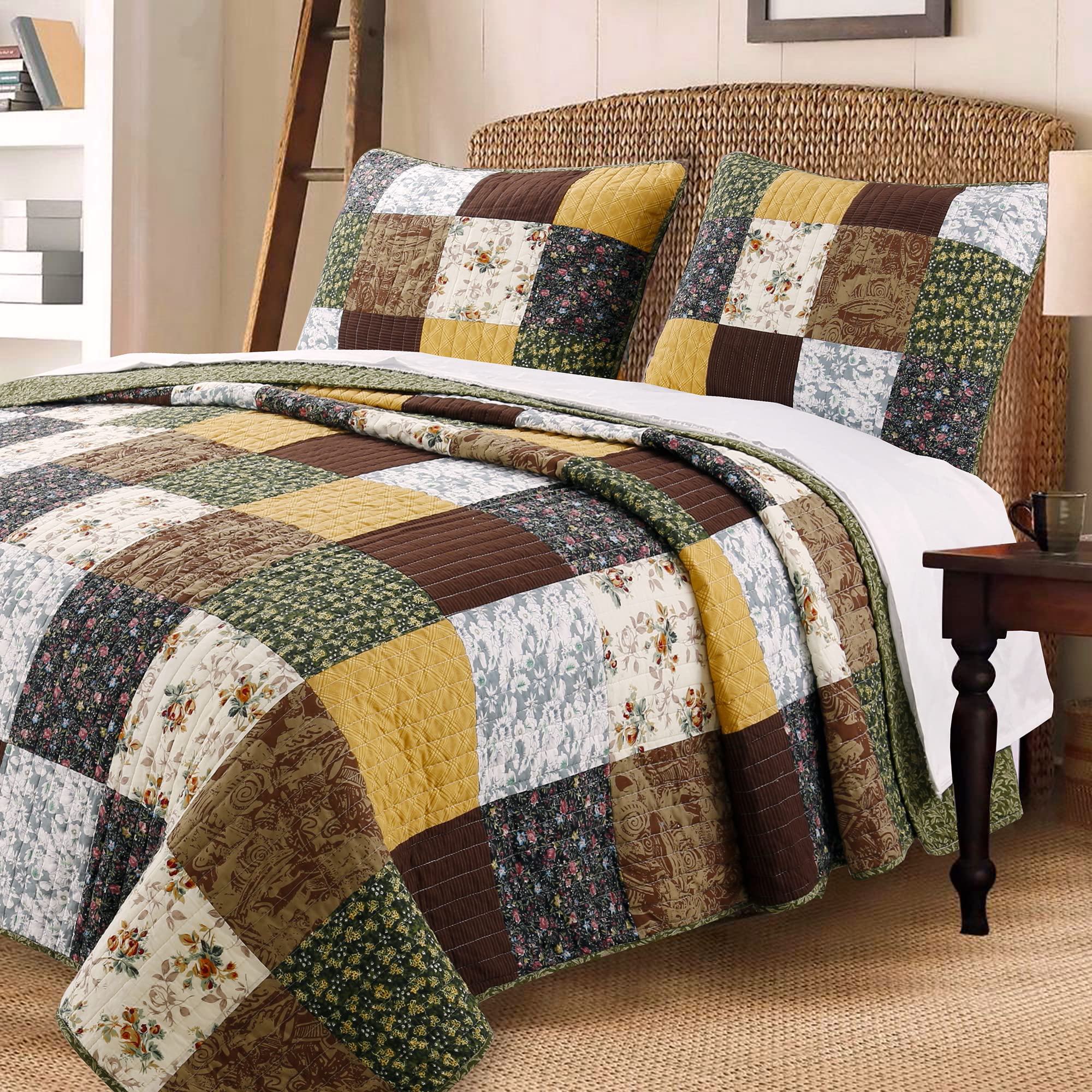 Cozy Line Home Fashions Andy Mustard Yellow Country Farmhouse Real Patchwork Quilt Bedding Set, 100% Cotton Reversible Coverlet, Bedspread (Brown Olive, Queen - 3 Piece) Queen - 3 piece Brown / Olive