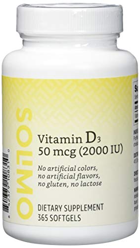 Amazon Brand - Solimo Vitamin D3 50 mcg (2000 IU), 365 Softgels, Value Size - One Year Supply, Supports Strong Bones and Immune Health