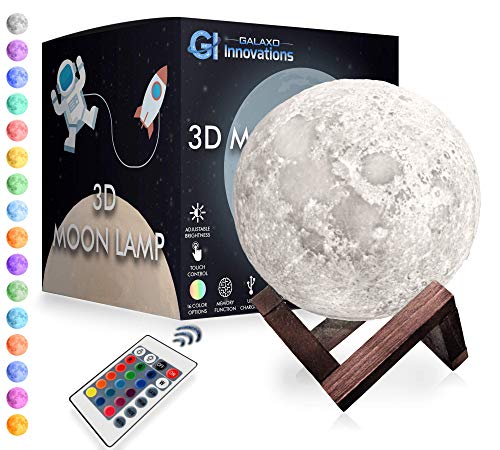 Galaxo 3D Moon Lamp 5.9 inch with Dark Wooden Stand, 3 LED Color Options, Adjustable Brightness, Touch Control, USB Charging, Gift Box, Modern Lunar Night Light