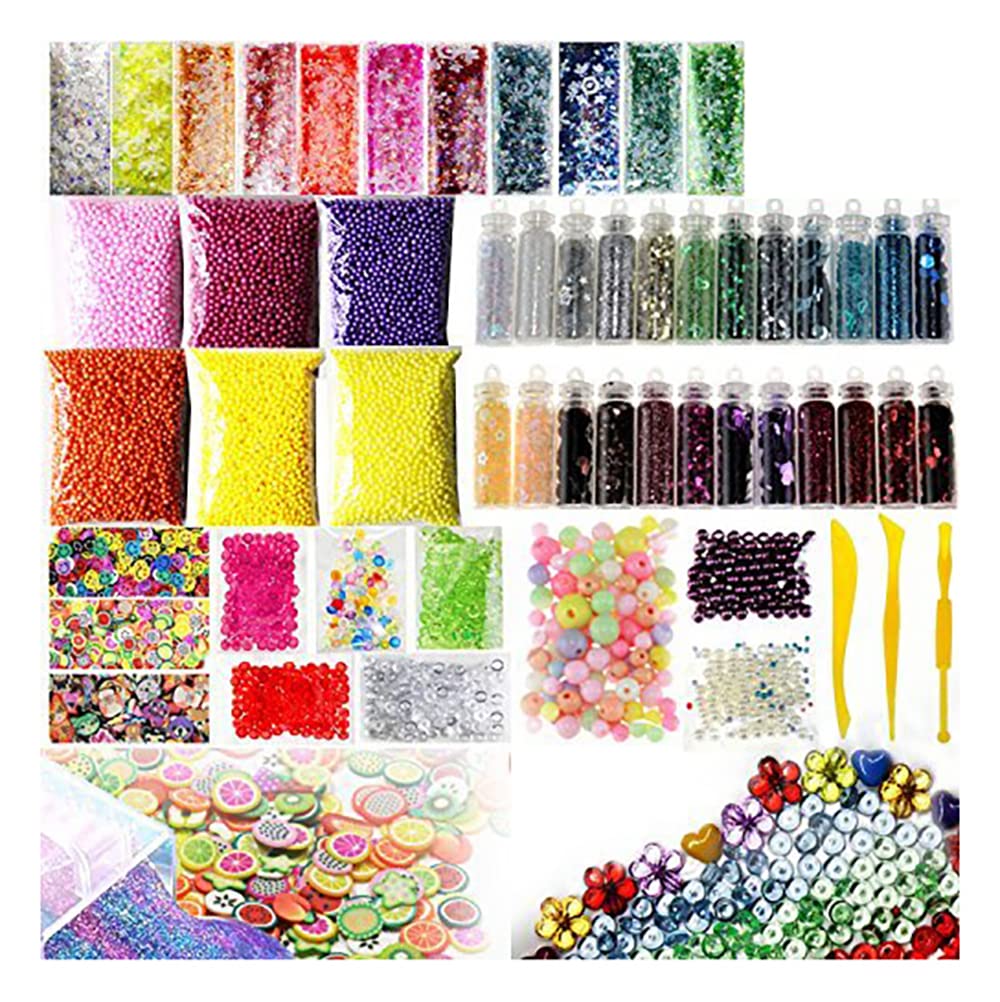 Slime Supplies Kit, 55 Pack Slime Beads Charms, Include Fishbowl beads, Foam Balls, Glitter Jars, Fruit Flower Animal Slices, Pearls, Slime Tools for DIY Slime Making, Homemade Slime, Girl Slime Party