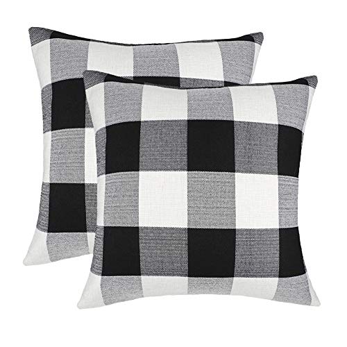 4TH Emotion Set of 2 Farmhouse Buffalo Check Plaid Throw Pillow Covers Cushion Case Polyester Linen for Fall Home Decor Black and White, 20 x 20 Inches