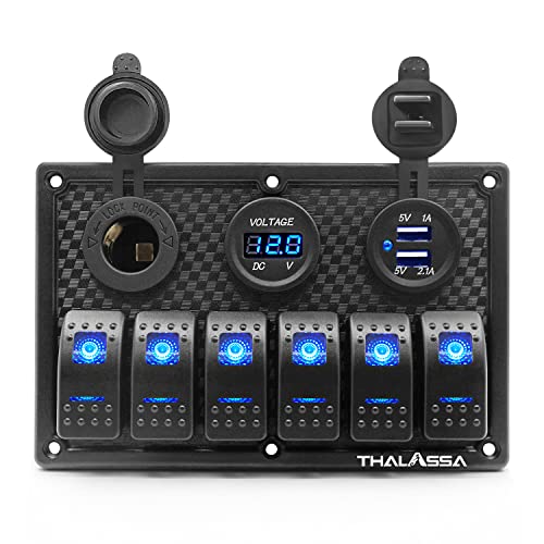 THALASSA 6 Gang Waterproof Marine Boat Rocker Switch Panel with Blue Digital Voltage Display, 3.1A Dual USB Outlet, Cigarette Lighter Port with 15A Fuse for RV Car Truck Rv Vehicles Yacht