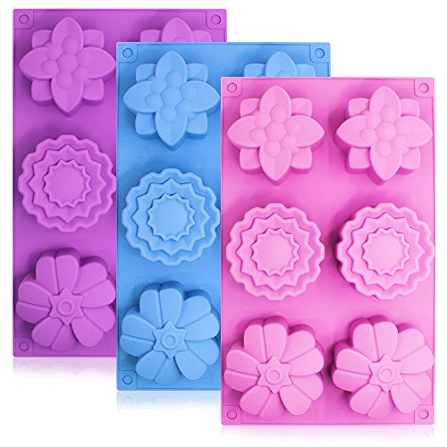 SENHAI 3 PCS Silicone Flower Cake Molds, 6-Cavity Chocolate Biscuit Muffine Baking Pans Soap Making Trays - Pink, Blue, Purple