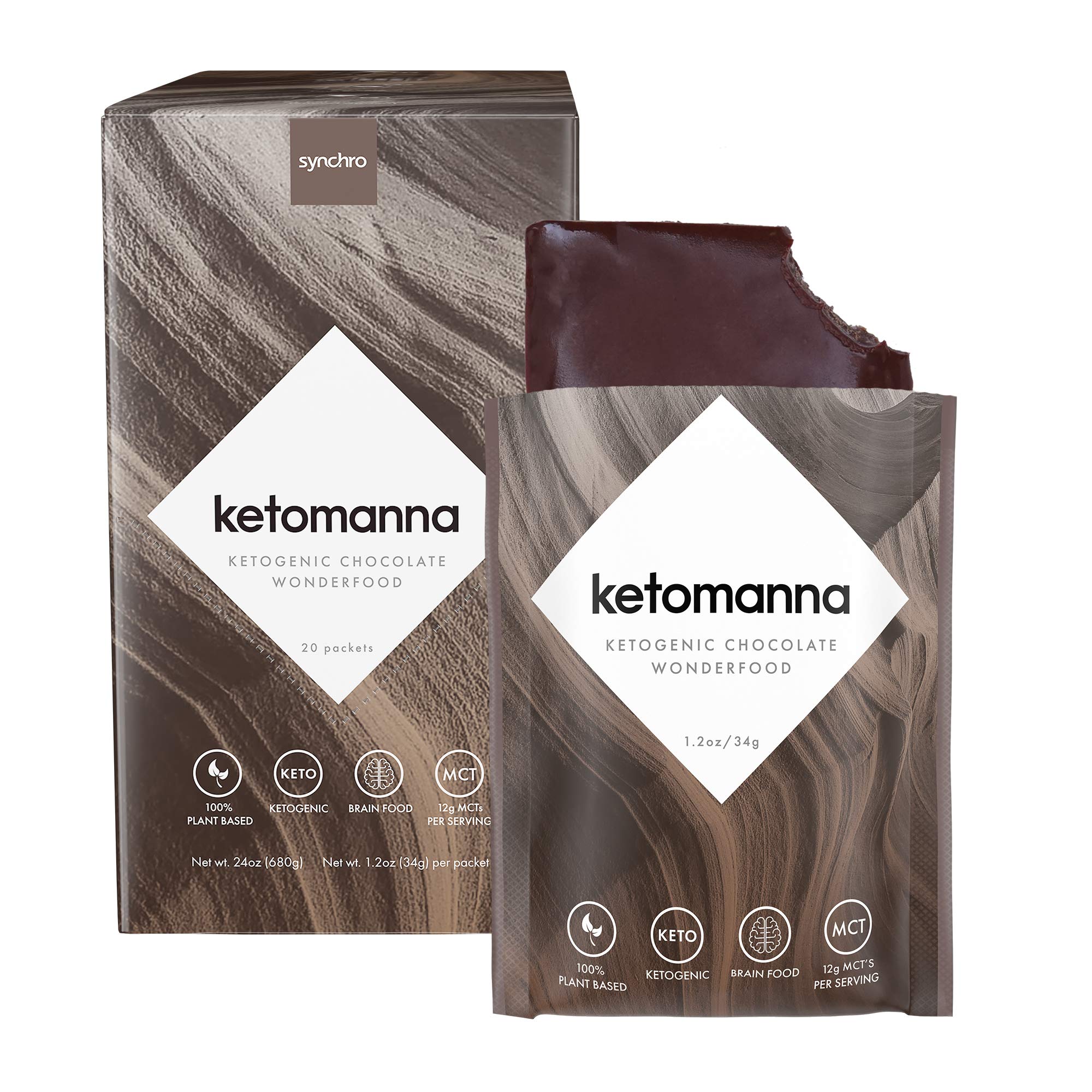 Synchro Ketomanna - Ketogenic Chocolate 12g MCTs - Low Carb + Keto Dessert Snack Perfected (Box of 20 Packets)