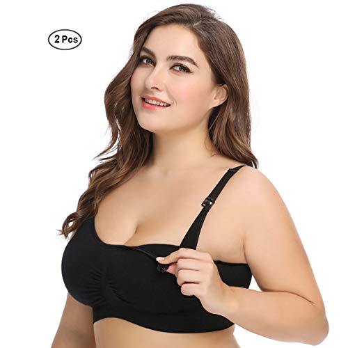 LYSHION 2-Pack Nursing Bra - Full Bust Seamless Nursing Maternity Breastfeeding Bras with High Elasticity and Width Adjustable Light Black