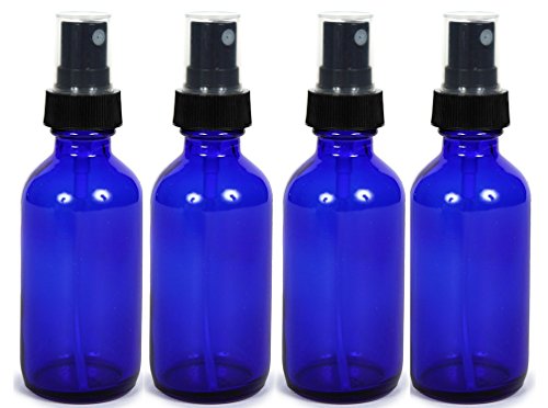 Cobalt Blue Glass Spray Bottle (2 oz, 4 pk) with BONUS Waterproof Labels, Fine Mist Sprayer, for Essential Oils, Colognes & Perfumes