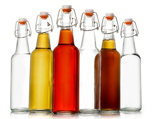 Zuzuro Glass Kombucha Bottles For Home Brewing Kombucha Kefir or Beer - 16 oz Clear Glass Grolsch Bottles case of 6 w/ Easy Swing top Cap w/ Gasket Seal Tight