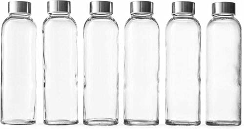 Book Cover Zuzoro - 6-Pack -18oz Juice & Beverage Glass Water Bottles - for Juicing or Kombucha Storage - Includes Nylon Bottle Protection Sleeves No-Leak Caps w/Carrying Loops. - Clear Reusable bottles