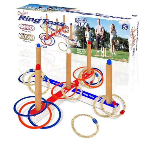 Ring Toss Deluxe Outdoor & Indoor Game â€“ Toss Yard Game - Includes 16 Rings, 8 Rope & 8 Plastic. Carry Bag Included - Easy to Assemble - Fun Family and Friends Game