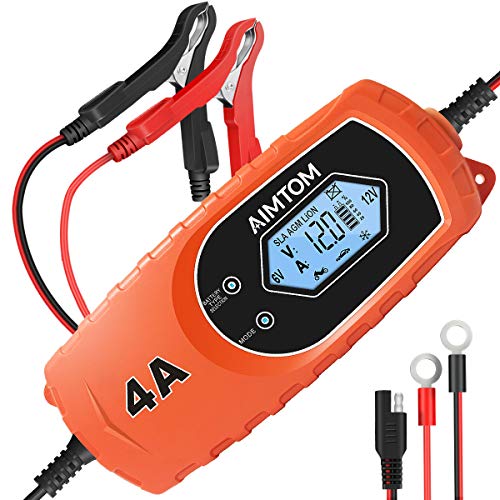 AIMTOM Smart Battery Charger 4 Amp 6/12V Fully Automatic Maintainer 8-Stage Charging Process for Car, Truck, Motorcycle, Boat, RV, SUV, ATV Fits SLA, Wet, MF, Gel, VRLA, AGM, EFB, Lion Batteries