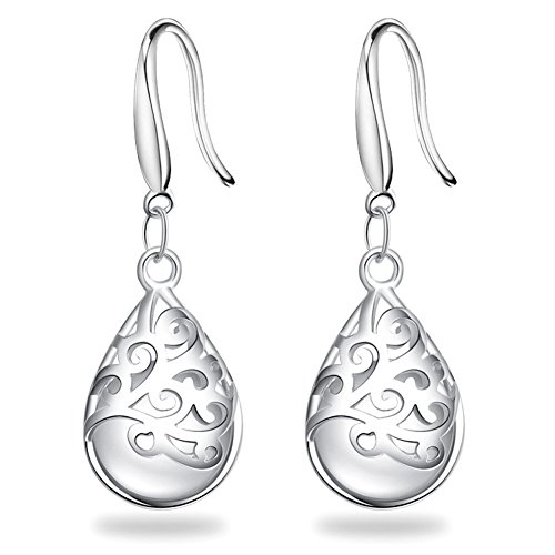 FIFATA S925 Silver Earrings Solid Sterling Silver Polished Teardrop Cat's Stone Vintage Dangles