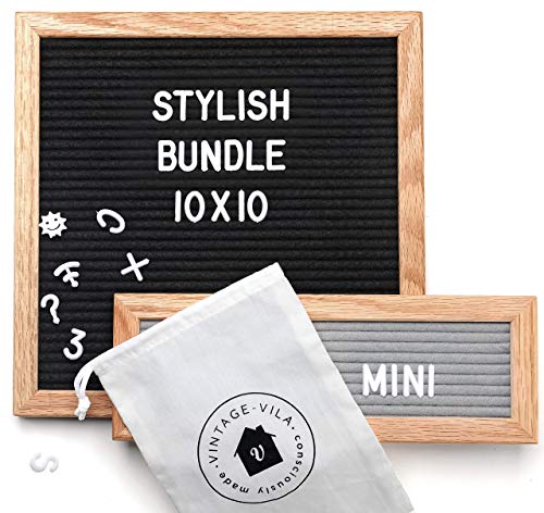 Black Felt Letter Board 10x10" & Mini Gray Message Board with 346 Letters. Wooden Oak Frame. Word, Quote, Baby Announcement Board, Office or Farmhouse Decor, Gift for Teens