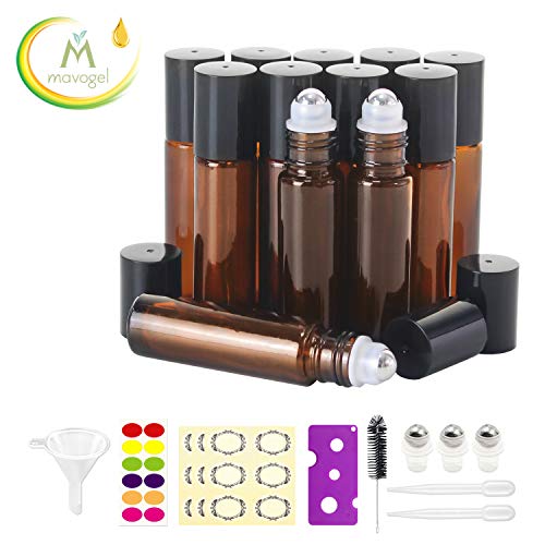 Book Cover 24, 10ml Roller Bottles for Essential Oils - Amber, Glass with Stainless Steel Roller Balls by Mavogel (3 Extra Roller Balls, 54 Pieces Labels, Opener, Funnel, Dropper, Brush Included)