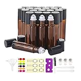 Mavogel 24 Pack 10ml Roller Bottles for Essential Oils, Amber Glass with Stainless Steel Roller Balls, Roller Bottles with Caps for Travel, Perfume and Lip Gloss