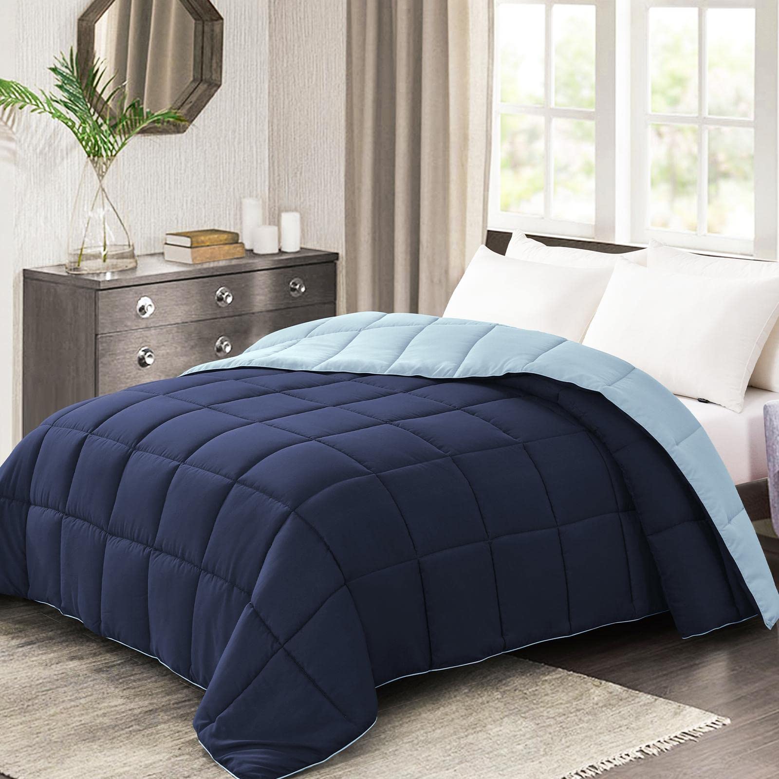 Homelike Moment Queen Lightweight Comforter Navy - All Season Down Alternative Bed Comforter Summer Duvet Insert Quilted Reversible Comforters Full/Queen Size Navy/Light Blue Navy / Light Blue Full/Queen