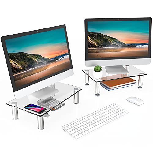 FITUEYES Monitor Stand â€“Adjustable Glass Computer Monitor Riser, Clear Desktop Stand for Laptop TV Computer Screen, Desk Organization, Office Supplies, DT103803GC, 2Pack