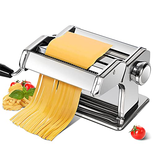 CHEFLY Stainless Steel Pasta Maker - 9 Thickness Settings Dough Roller & 2 Blades Noodle Cutter & Fixation Clip for Fresh Homemade Lasagne Fettuccine Spaghetti P1801