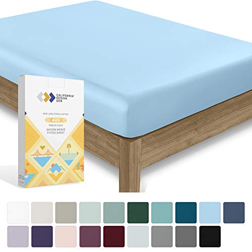 Book Cover California Design Den 400 Thread Count 100% Cotton 1 Fitted Sheet Only, Long - Staple Combed Pure Natural Cotton Sheet, Soft & Silky Sateen Weave (Queen, Aero Blue)