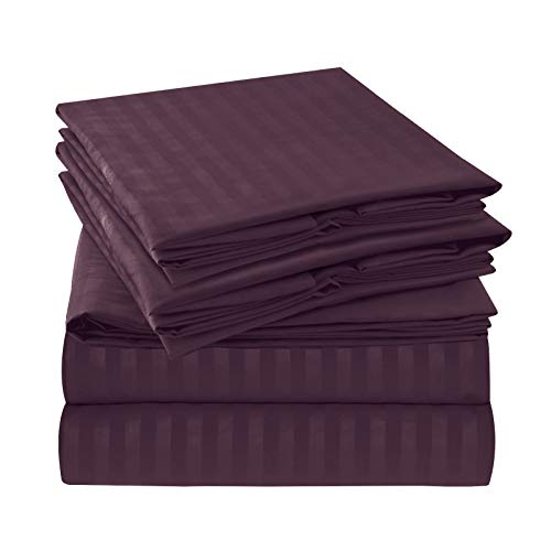 Nestl Bedding Damask Dobby Stripe 6 Piece Sheet Set, Queen - Eggplant