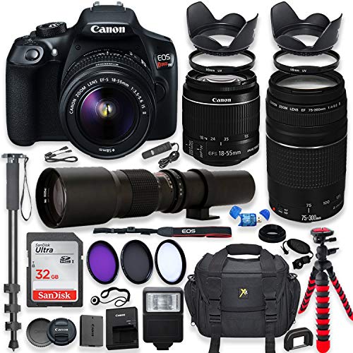 Canon Eos Rebel T6 DSLR Camera with 18-55mm is II Lens Bundle + Canon EF 75-300mm f/4-5.6 III Lens and 500mm Preset Lens + 32GB Memory + Filters + Monopod + Spider Tripod + Professional Bundle