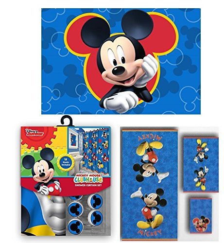Disney Marvel New Shower Curtain & Hooks & Bath Towel & Memory Foam Mat Set (Mickey Mouse, 17pcs Set)