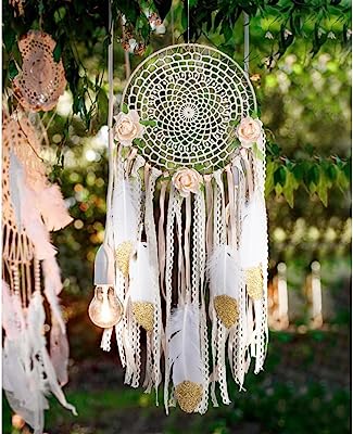 Book Cover AerWo Boho Dream Catchers Handmade White Gold Feather Dreamcaters with Flowers for Wall Hanging Decoration, Wedding Decoration Craft ( Dia 7.8