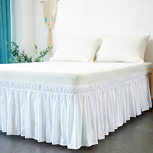 Book Cover Cozylife Three Fabric Sides Wrap Around Elastic Solid Bed Skirt, Easy On/Easy Off Dust Ruffled Bed Skirts 16 Inch Tailored Drop (White, Twin)