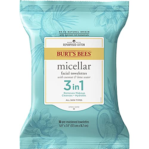 Book Cover Burt's Bees, 3 in Facial Cleanser Towelettes and Makeup Remover Wipes and Made Repurposed Cotton, Micellar with Coconut & Lotus Water, 30 Count