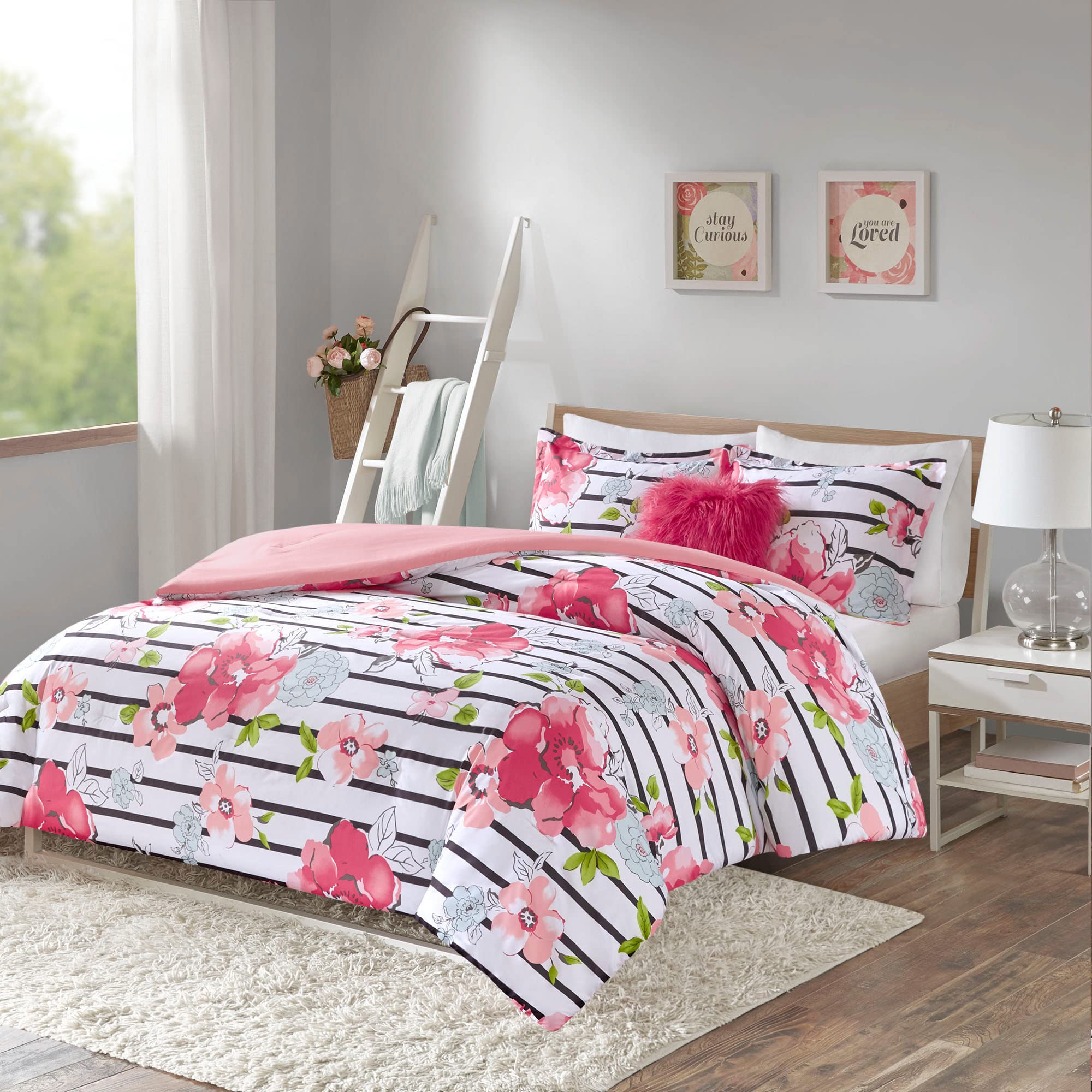 Book Cover Comfort Spaces Zoe Comforter Set Printed Striped Floral Design with Faux Long Fur Decorative Pillow Bedding, Pink, Twin/TwinXL, 3 Piece Pink Comforter Twin/Twin XL