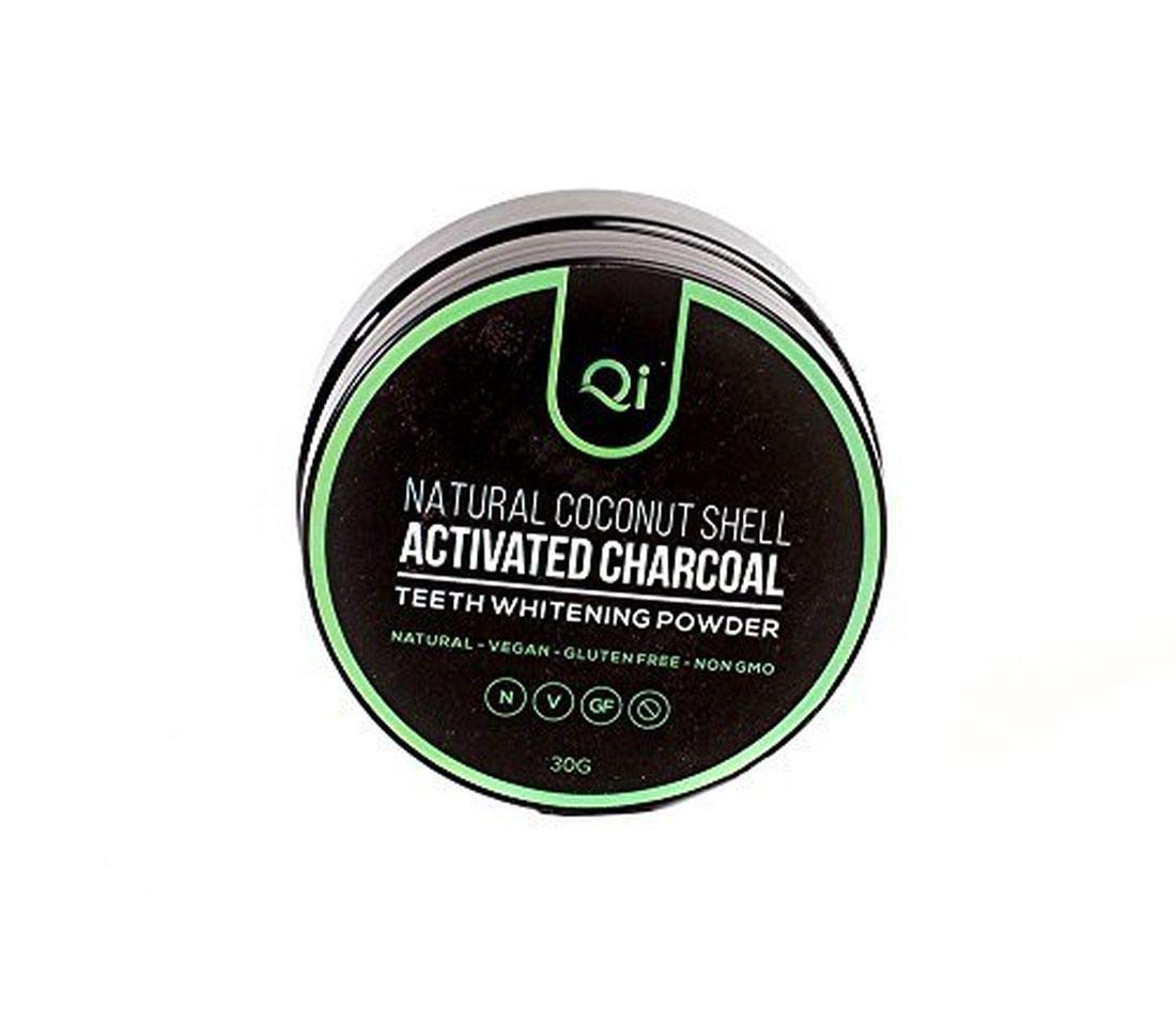 Qi Teeth Whitening Powder & Bamboo Toothbrush Kit, Mint-Flavored Coconut Shell Activated Charcoal, Vegan & Fluoride-Free for Quickly Removing Tooth Stains. Whitens Sensitive Teeth, Gluten-Free