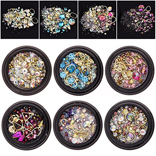 Ownsig 6 Boxes 3D Nail Charms Mixed Nail Gems Nail Decorations for Nail Art Coneback Rhinestones Crystals Nail Jewels Gold Nail Decor for Acrylic Nails