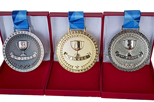 Promise of Quality Award Medals with Display Case, Olympic Style, Gold Silver Bronze (Set of 3), Premium Metal and Ribbon, Great Prize for Events, Classrooms, or Office Games, 1st 2nd 3rd Place
