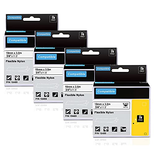 Aonomi 4-Pack Compatible Industrial Label Tapes Replacement for DYMO 18489 19mm Flexible Nylon Label Tapes for DYMO Industrial Rhino Pro 4200, 5200, 5000, 6000 Label Maker Black on White 3/4'' x 11.5'